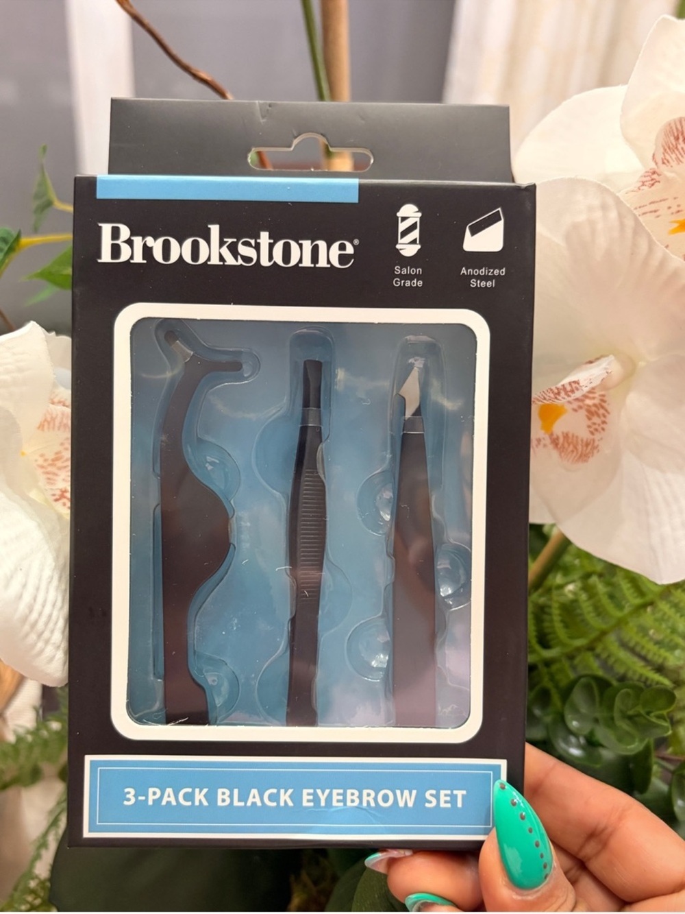 Brookstone NIB Black 3-Pack Eyebrow Tool Set with Tweezer & Seahorse Clip